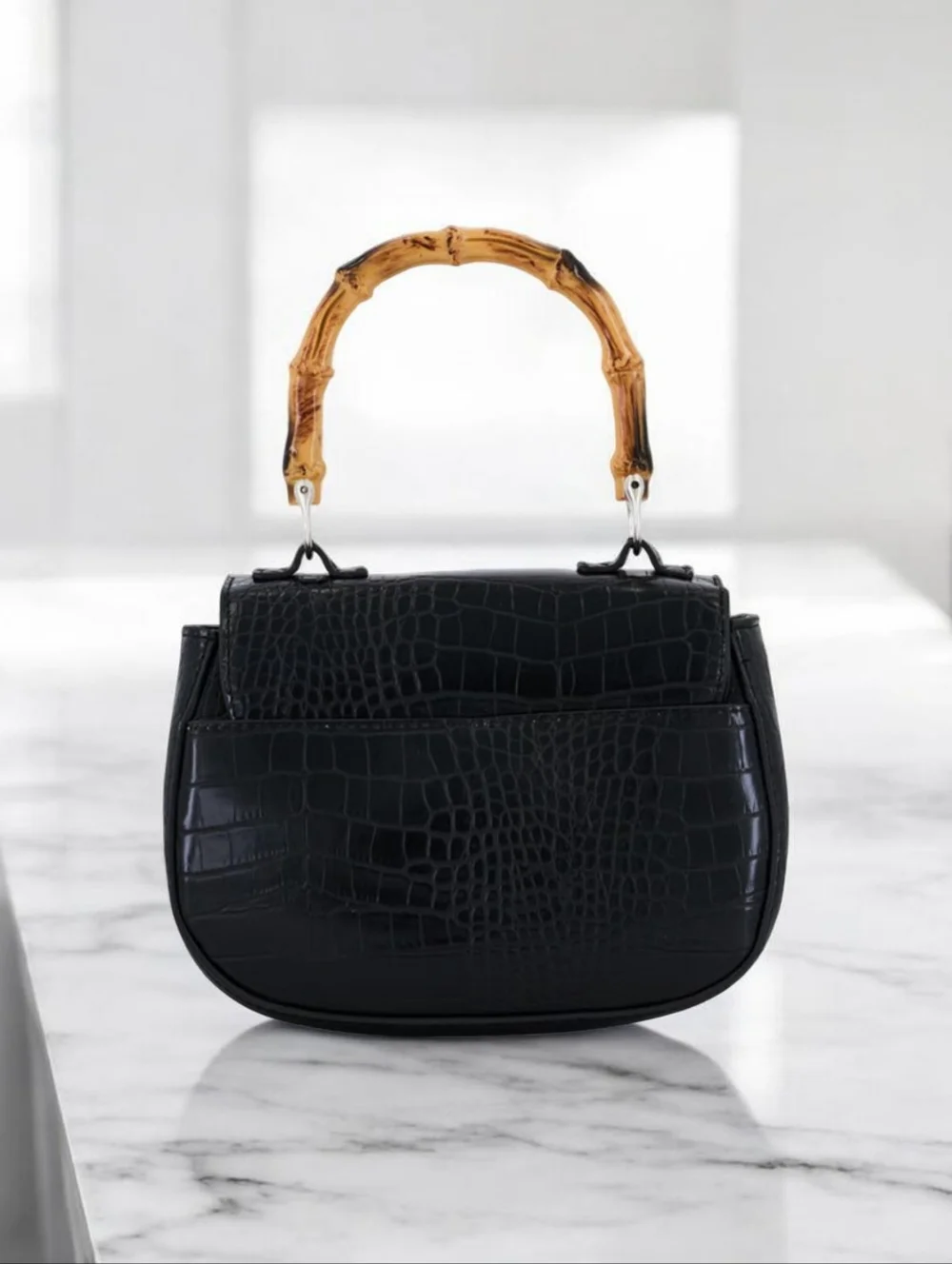 Christian Lacroix Black Croc-Embossed Mini Bag with Bamboo Top Handle - Picture 3 of 4